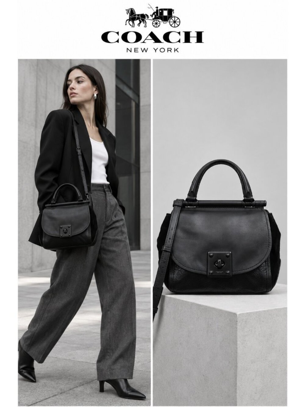 Coach 38388 Drifter Mixed Leather Black Top Handle Crossbody Satchel